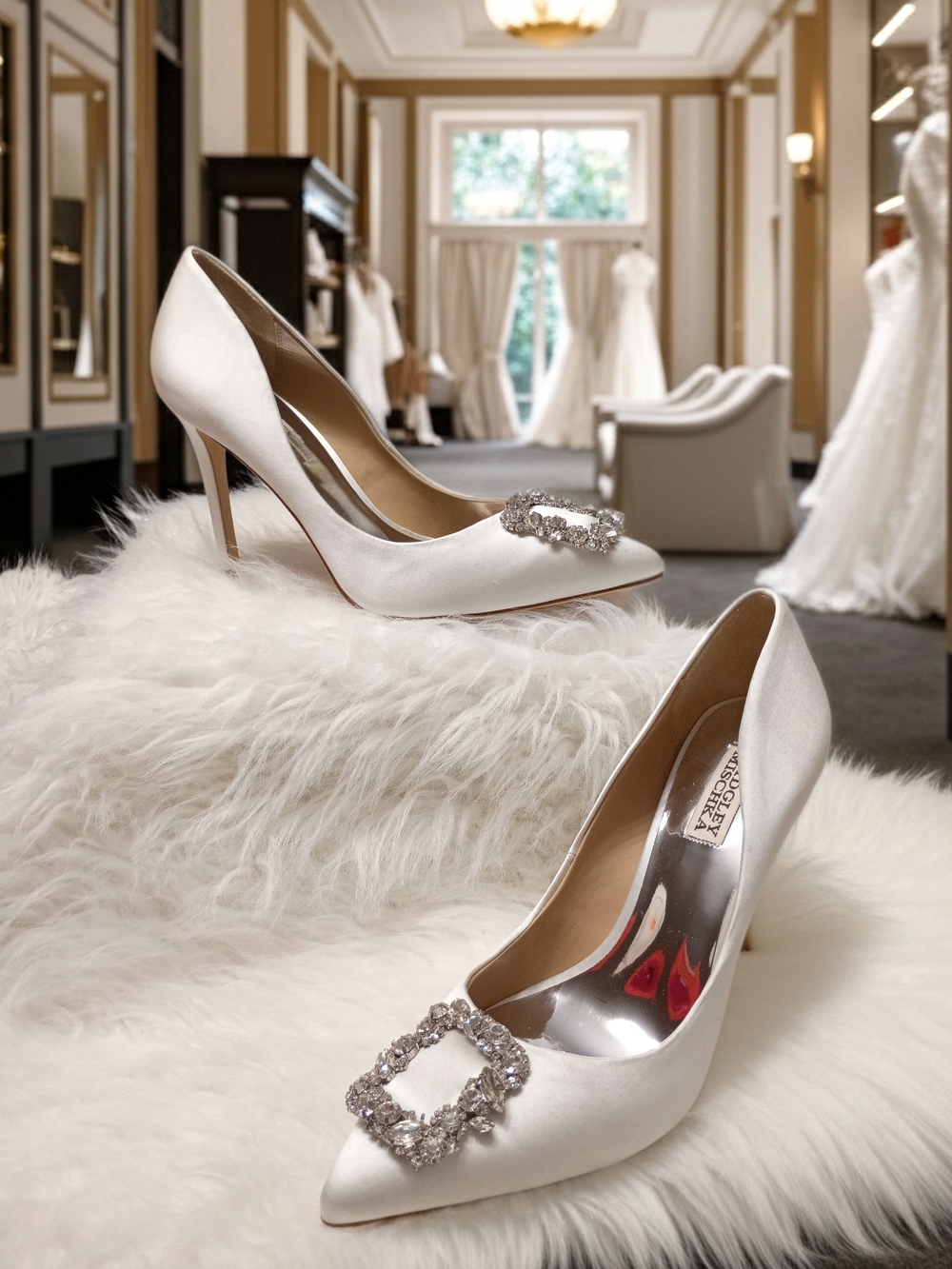 Badgley Mischka Cher Ivory Satin Pointed Toe Heels with Crystal Buckle 9.5